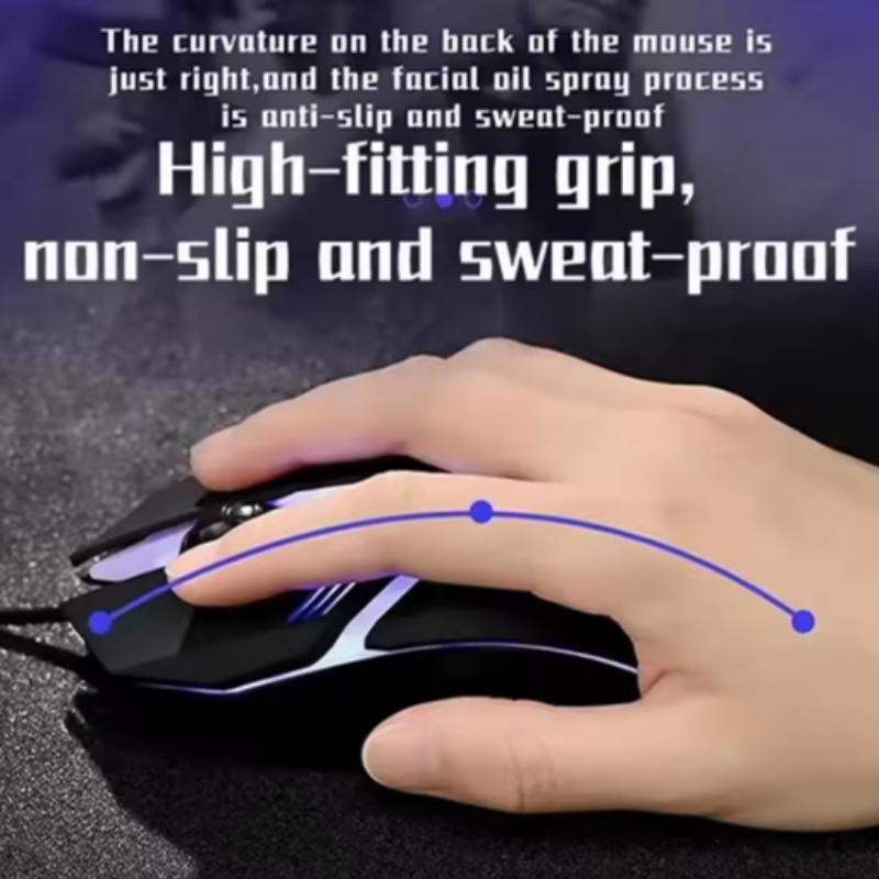 Hand using a computer mouse with text highlighting its features