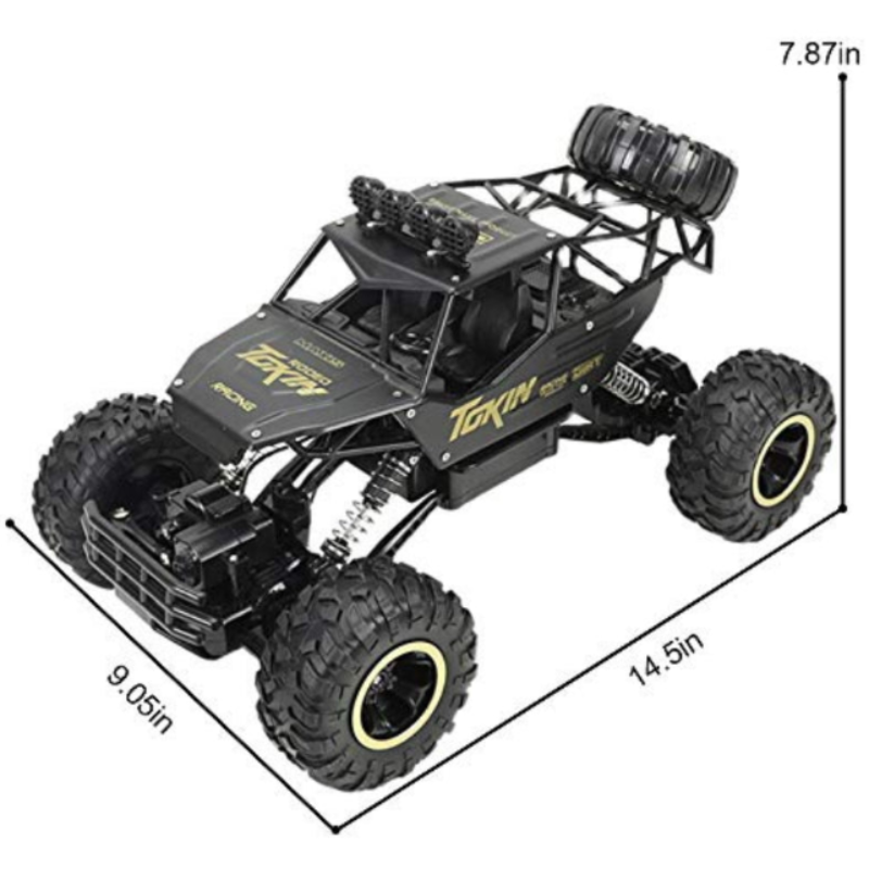 Black remote control monster truck with measurements on a white background