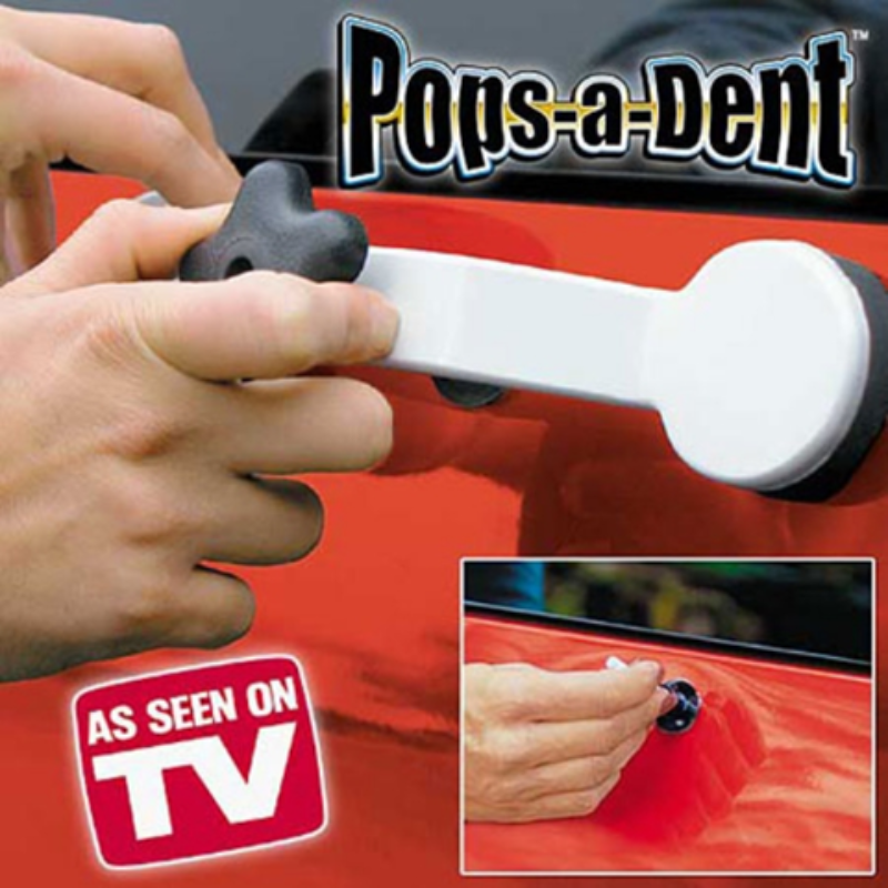 Pops-a-Dent tool being used on a car door with 'As Seen On TV' logo.