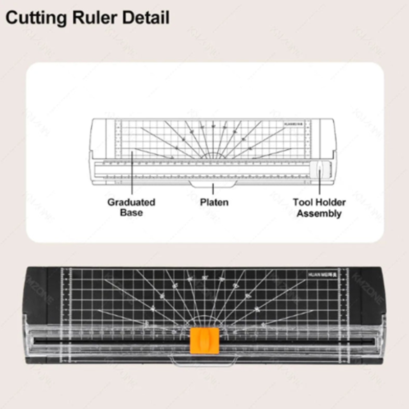 Cutting ruler with labeled parts on a beige background