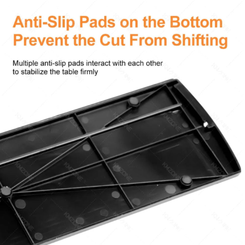 Black cutting board with anti-slip pads on a white background