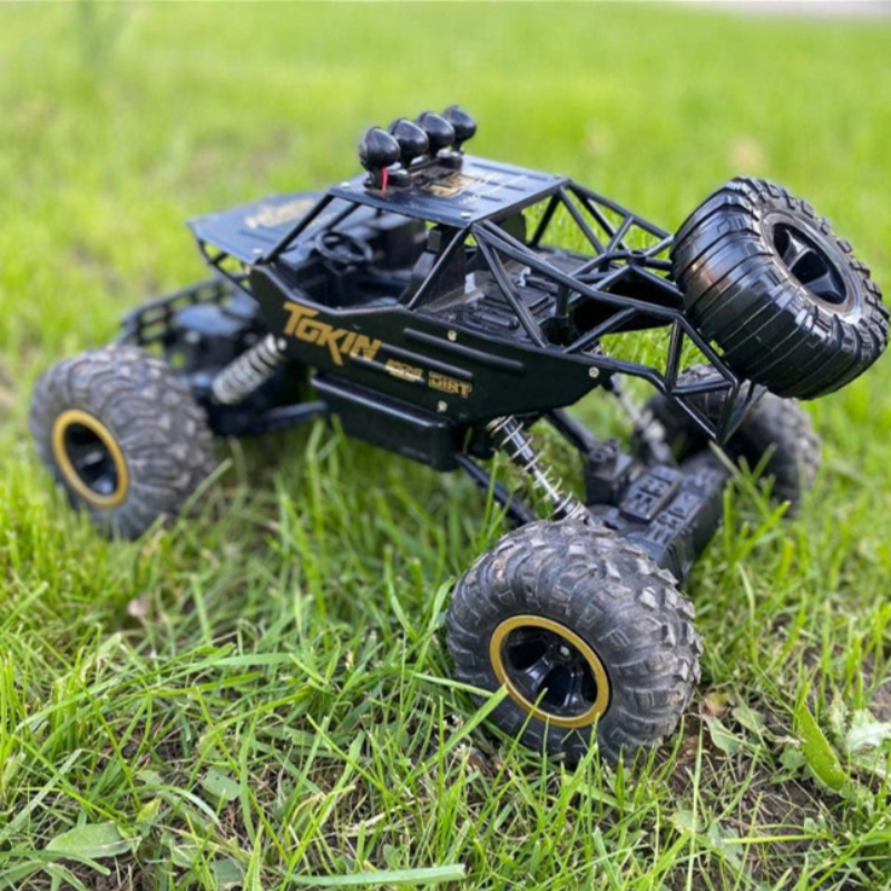 Toy monster truck on grass with 'Tokin' branding