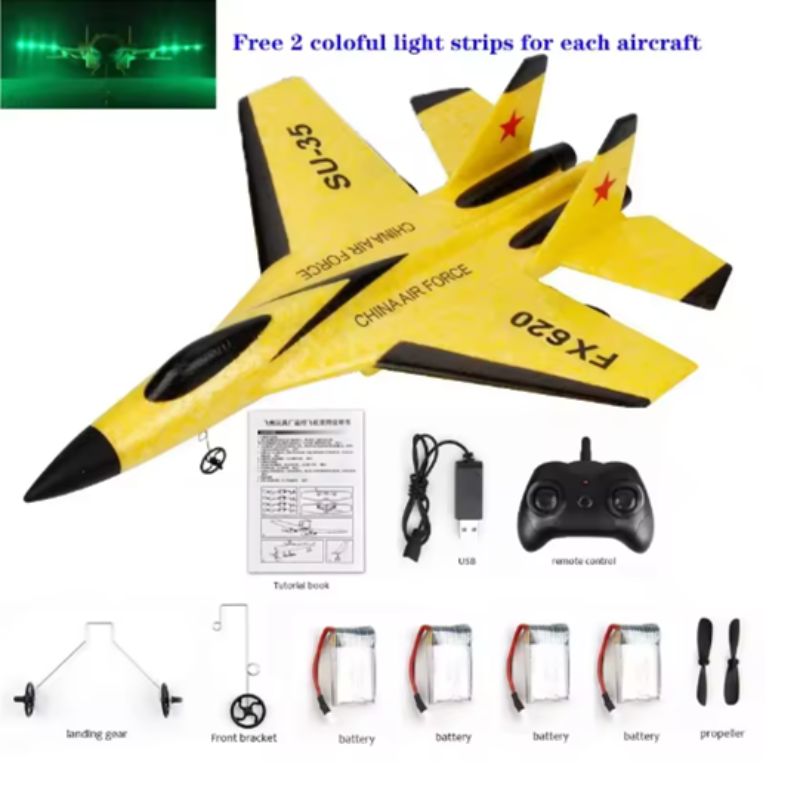 Yellow and black toy airplane with remote control and accessories on a white background