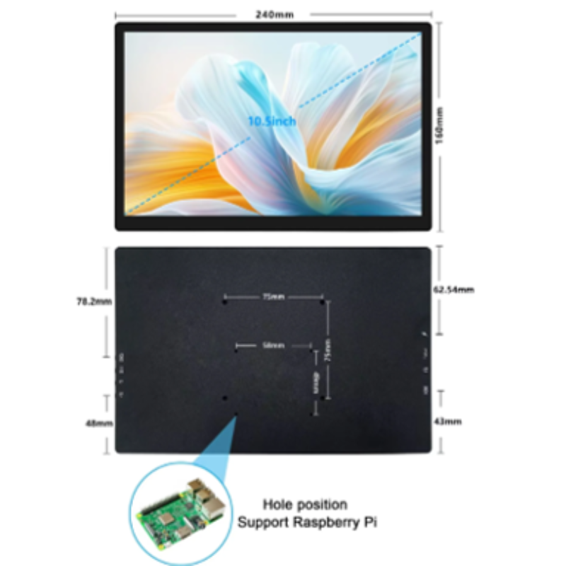 Measurement chart of a 10.5-inch screen with dimensions and a hole for Raspberry Pi.