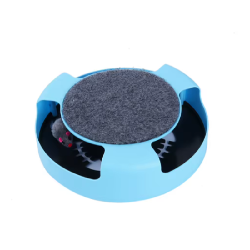 A blue circular cat toy with a gray felt-covered top and black inner channels, shown on a plain white background.
