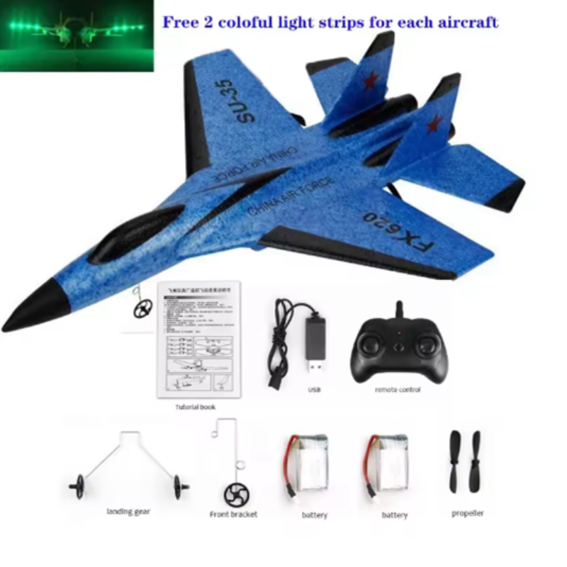 Blue toy aircraft with remote control, batteries, and propeller on a white background