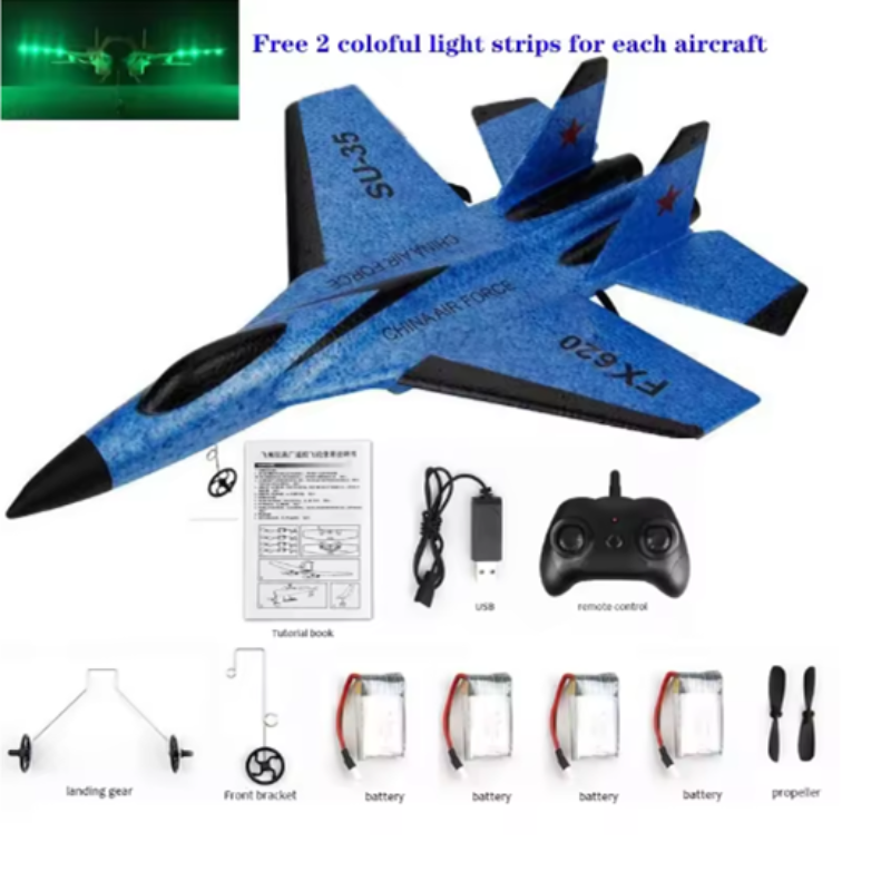 Blue toy airplane with remote control, batteries, and propeller on a white background
