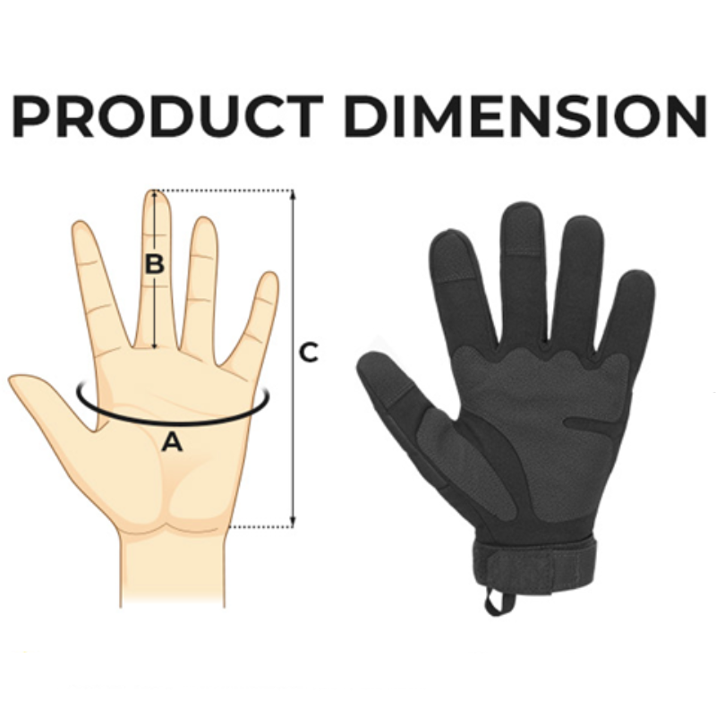 Black glove with measurement guide on a hand and text about product dimensions.