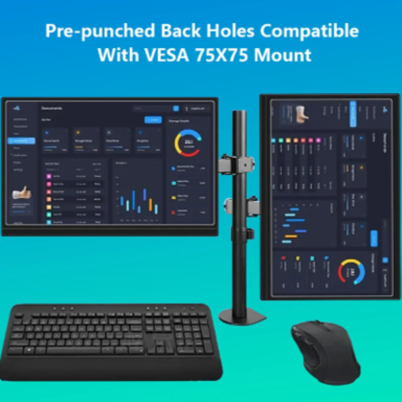 Computer setup with dual monitors, keyboard, and mouse on a blue background with text about VESA compatibility.
