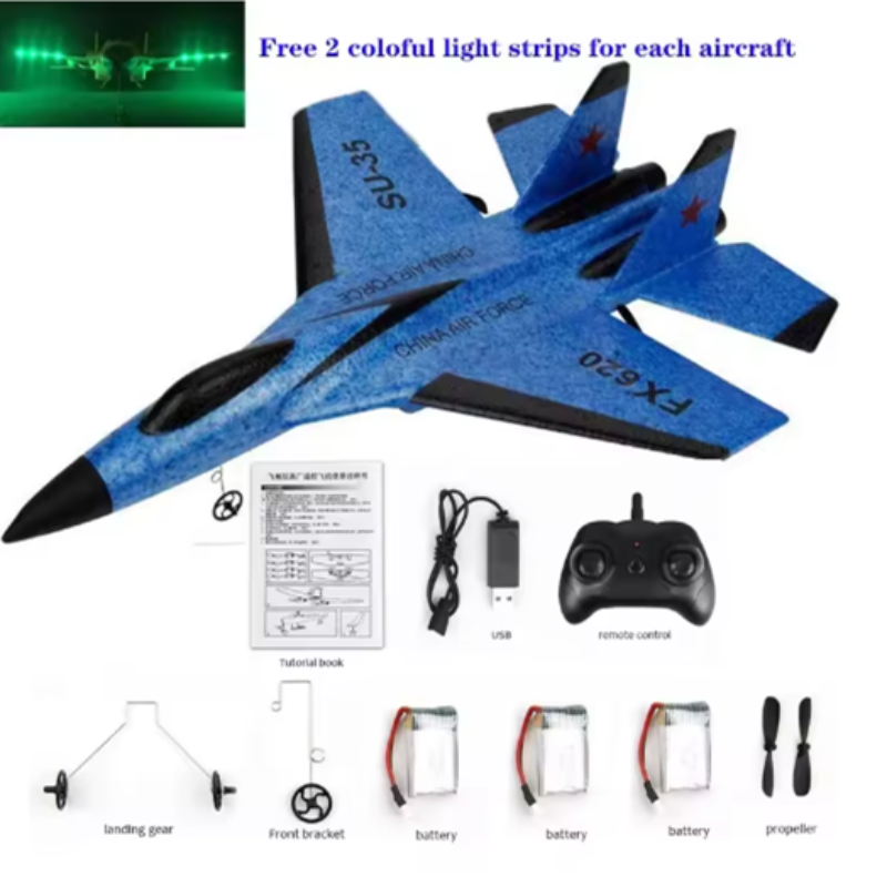 Blue toy airplane with remote control, batteries, and propeller on a white background