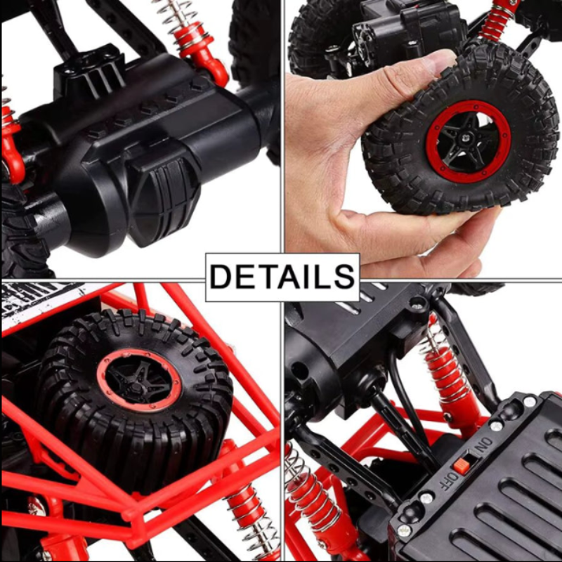 Close-up details of a red and black toy car model with visible components.