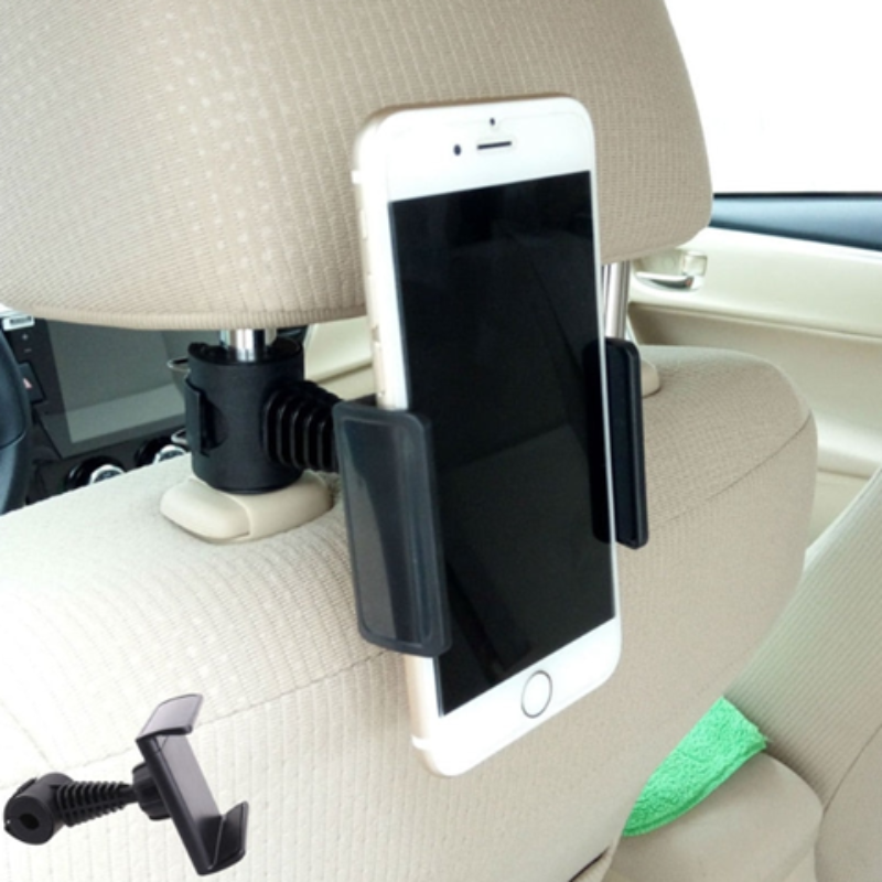 Phone holder attached to a car's headrest with a smartphone on it