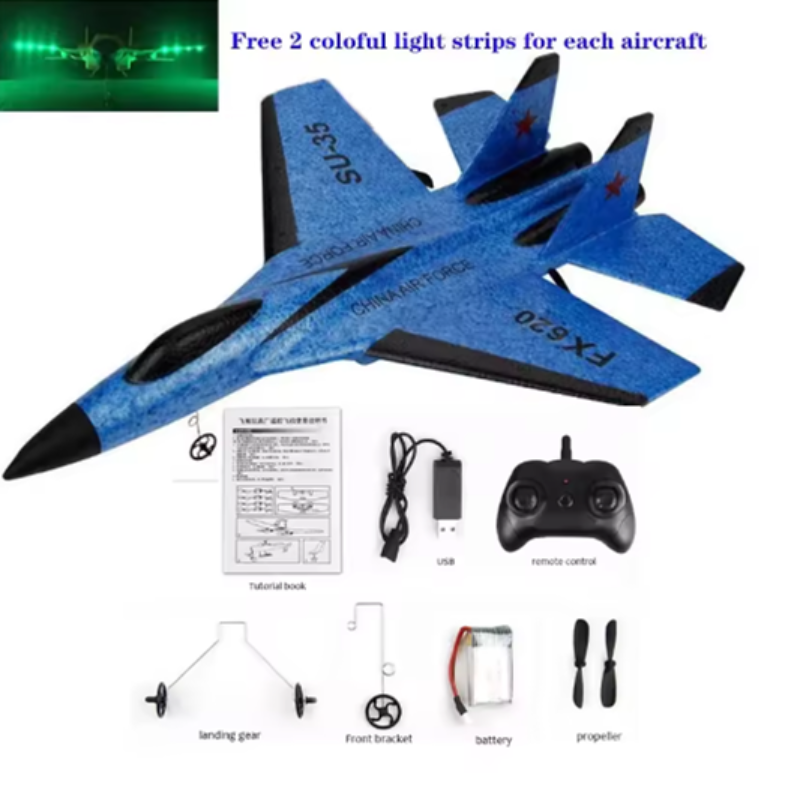 Blue toy airplane with remote control, battery, and propeller on a white background