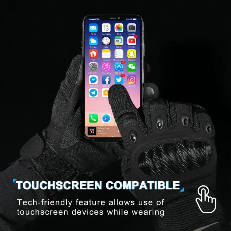 Black touchscreen-compatible gloves holding a smartphone with app icons on a black background