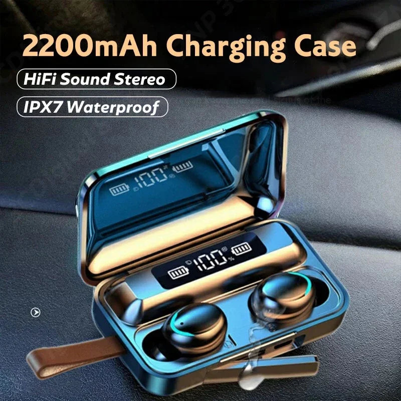 Wireless earbuds with charging case on a dark surface, highlighting features like 2200mAh battery and waterproof rating.