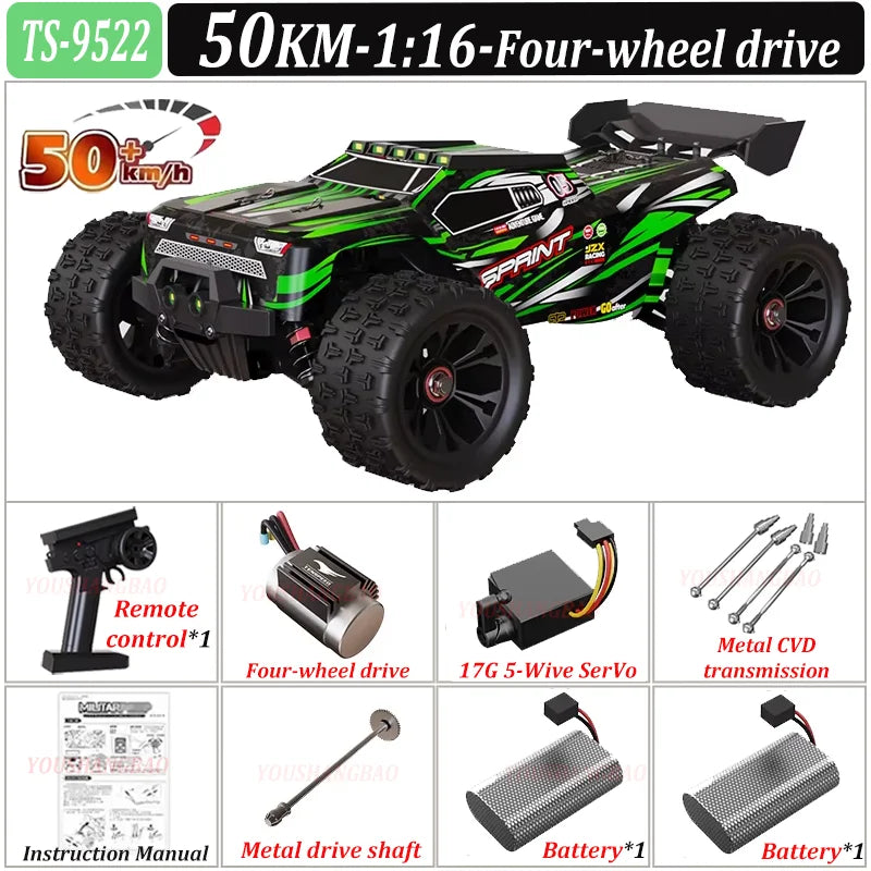 Green and black four-wheel drive remote control car with accessories on a white background