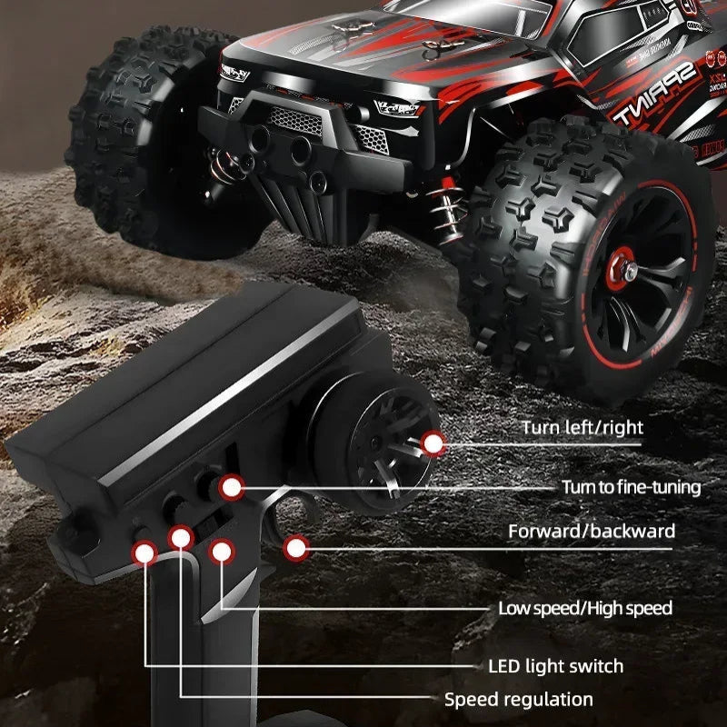 Remote-controlled off-road vehicle with 2.4G remote controller on a rocky terrain