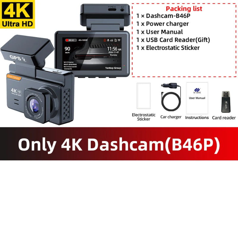 4K dashcam with packaging list on a white background