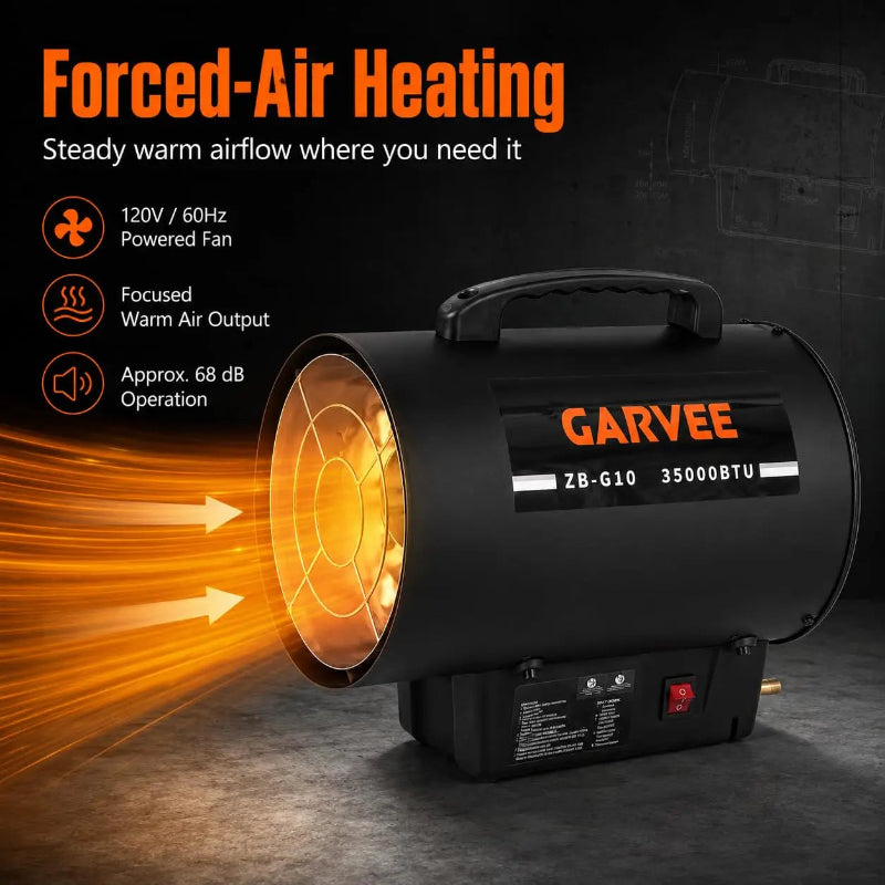 Garvee Z8-G10 forced-air heater in black with orange branding, shown with glowing orange heat waves and text highlighting features like powered fan and warm air output.