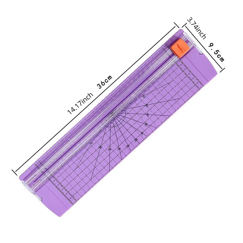 Purple paper trimmer with measurements on a white background