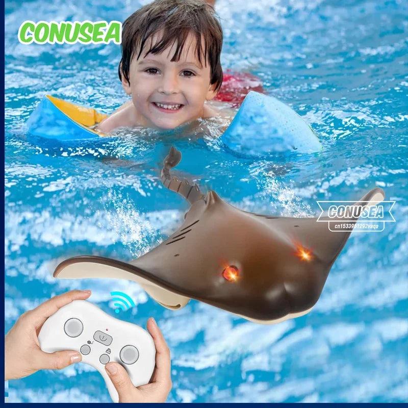 Child playing with a remote-controlled toy ray in a pool, with CONUSEA branding.