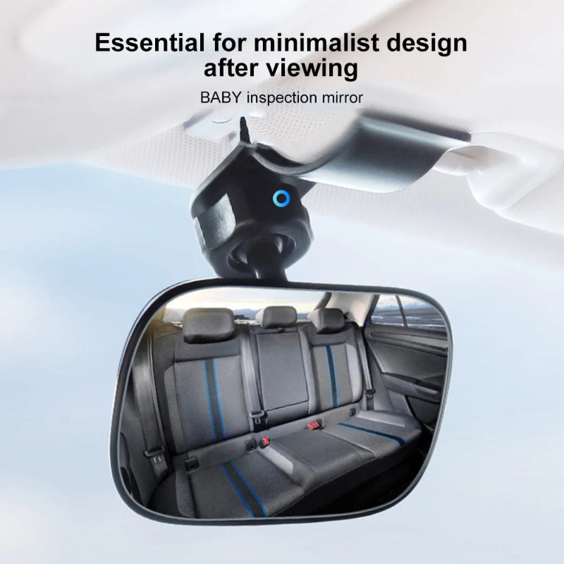 Car inspection mirror showing the backseat of a vehicle with text about minimalist design.
