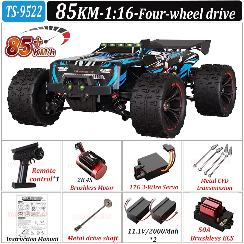 Toy truck with specifications and components displayed on a white background