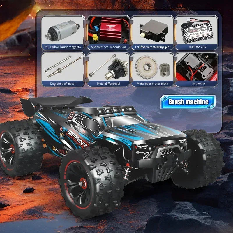 Toy truck with features list on a rocky landscape background