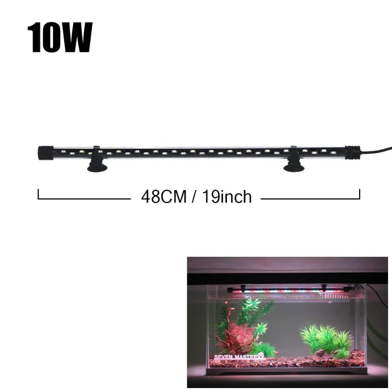 Aquarium light with dimensions and power rating on a white background