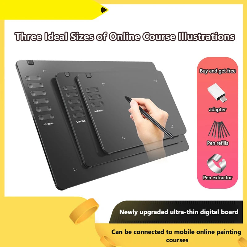 Digital drawing tablet with a hand holding a pen, promotional text, and accessories on a yellow background.