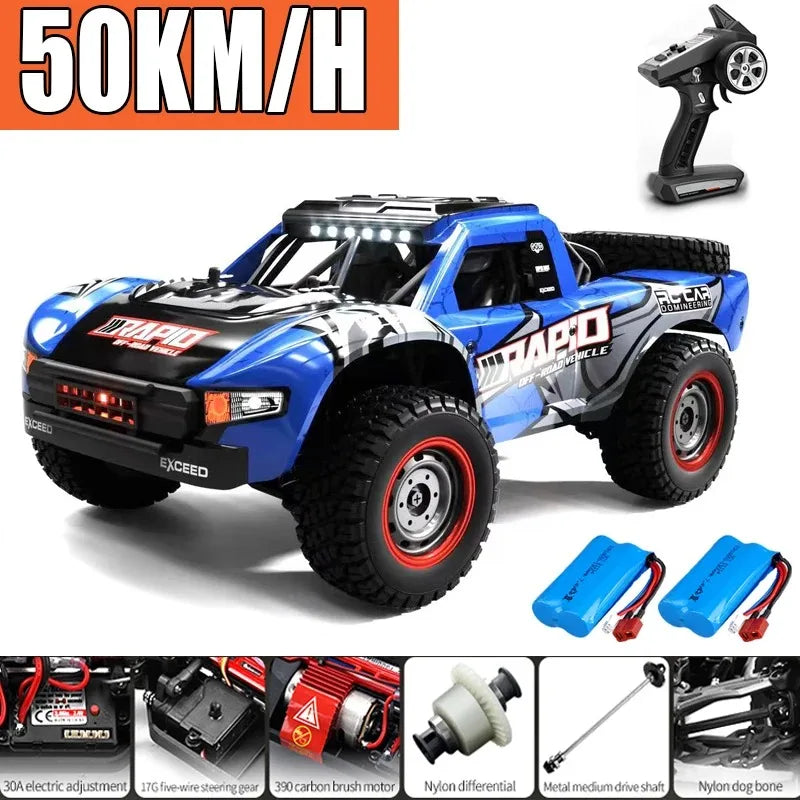 A composite image showing three remote control trucks in motion. One truck is blue with the word 'RAPID' on its side, another is red with 'RAPID' and LED lights, and a third is in the air showing the truck's suspension system.