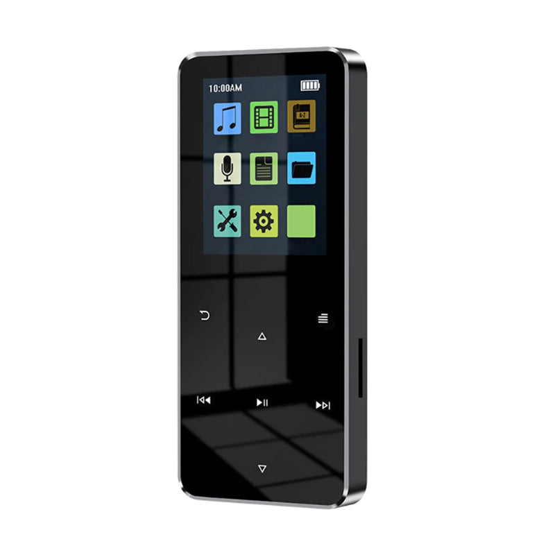 Black digital player with colorful display on a white background