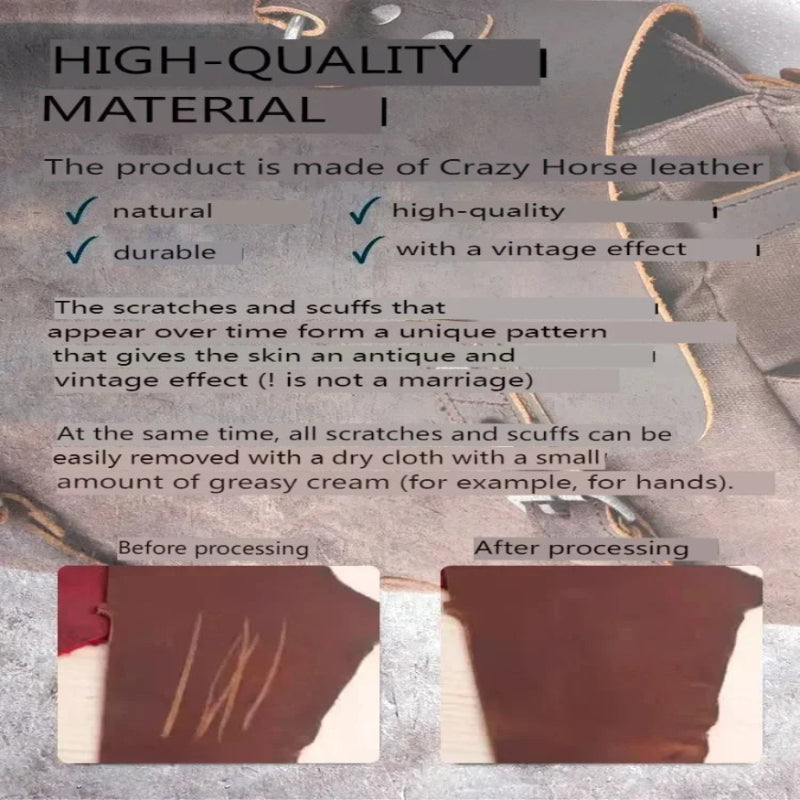 Crazy Horse leather product with text describing its qualities and care instructions.