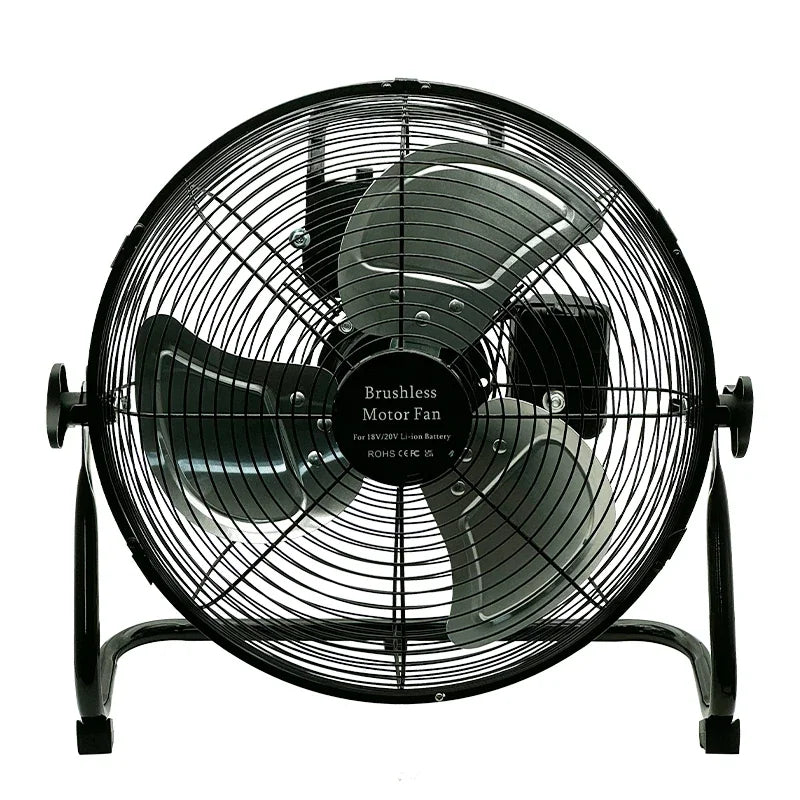 Black floor fan with 'Brushless Motor Fan' label on a white background