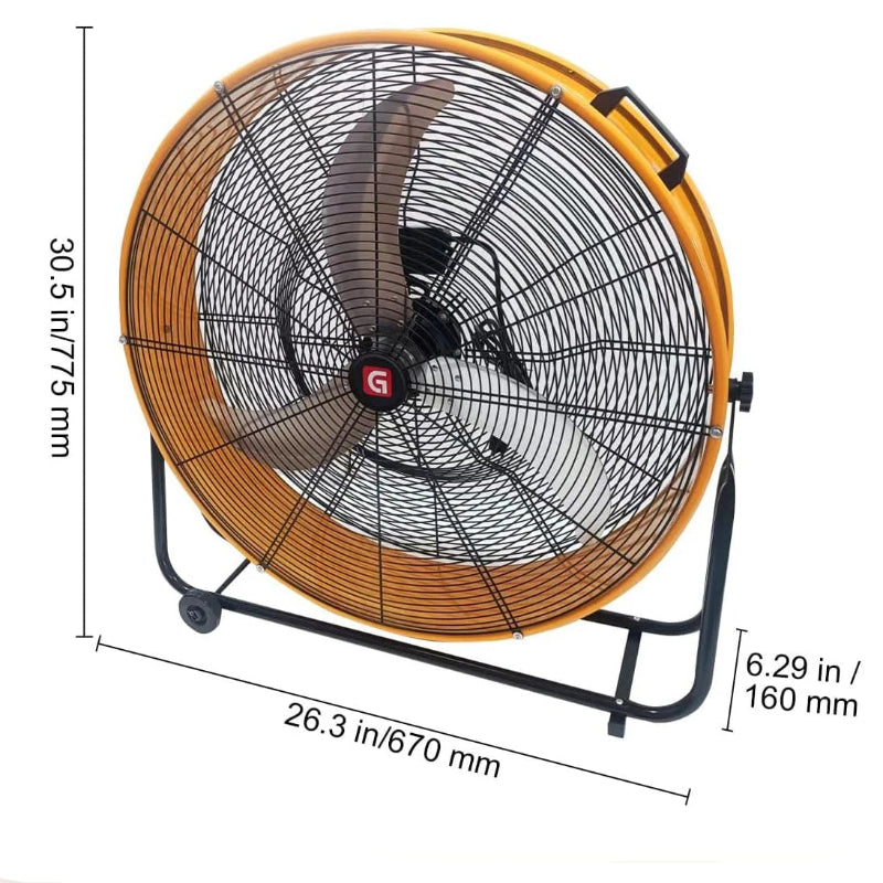 Industrial fan with dimensions and specifications on a white background