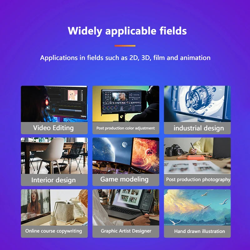 Collage of applications in fields such as 2D, 3D, film, and animation with text on a purple background.