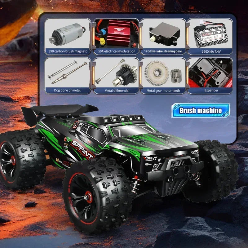Green and black remote control monster truck with component display on a fiery background