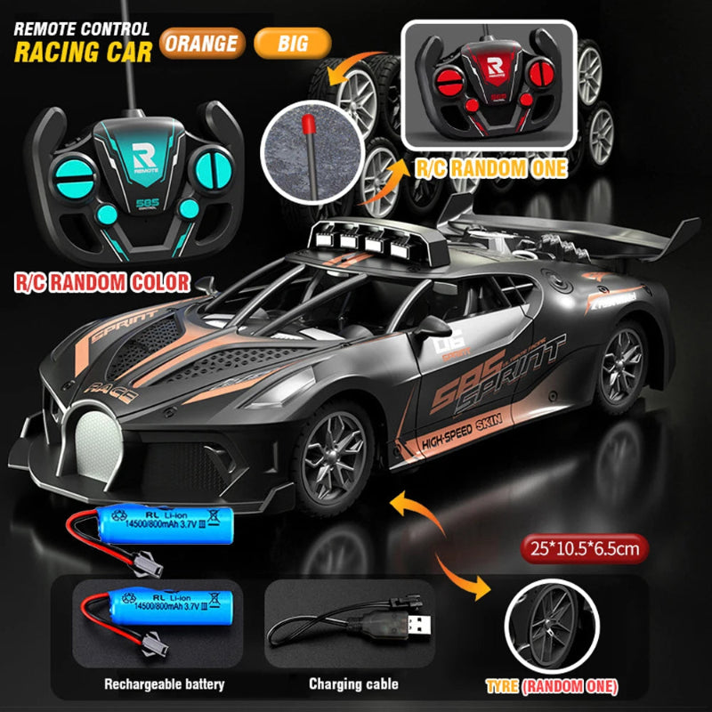 Remote control racing car with accessories on a dark background
