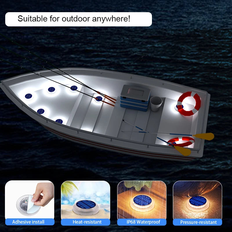 Boat with LED lights on water at night, featuring text 'Suitable for outdoor anywhere!'.
