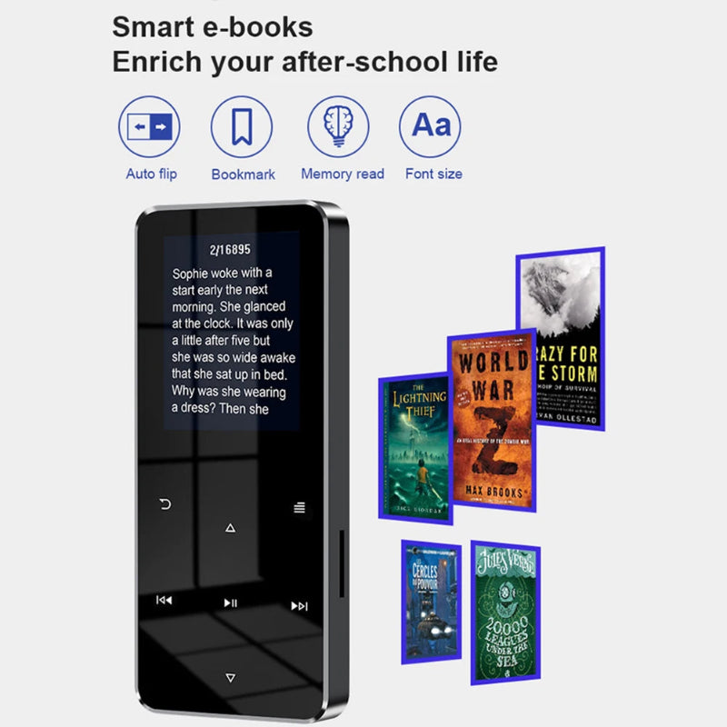 Digital reader with e-book display and surrounding book covers on a white background