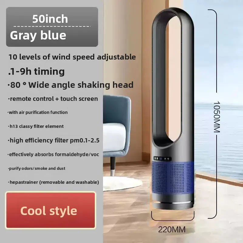 50-inch gray blue air purifier with features listed on a gray background