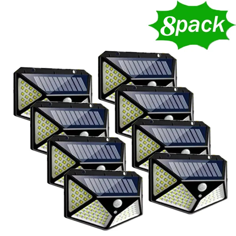 Eight solar-powered motion sensor lights on a white background with '8pack' text.