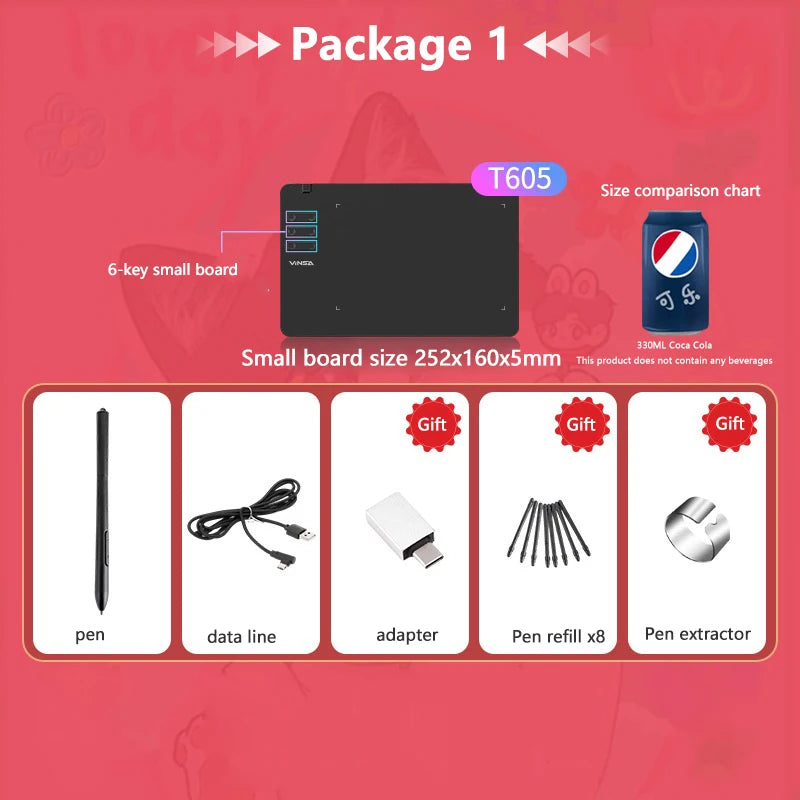 Product package with T605 item, size comparison chart, and list of included items on a red background.