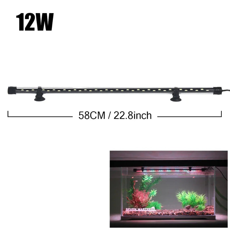 Aquarium light strip with dimensions and power rating on a white background