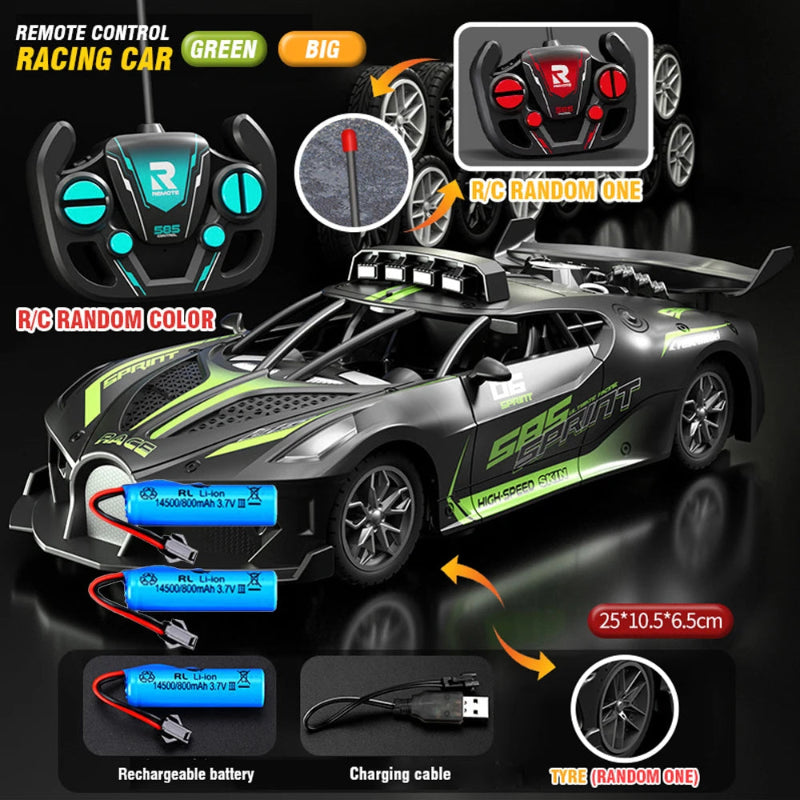Remote control racing car with accessories on a black background