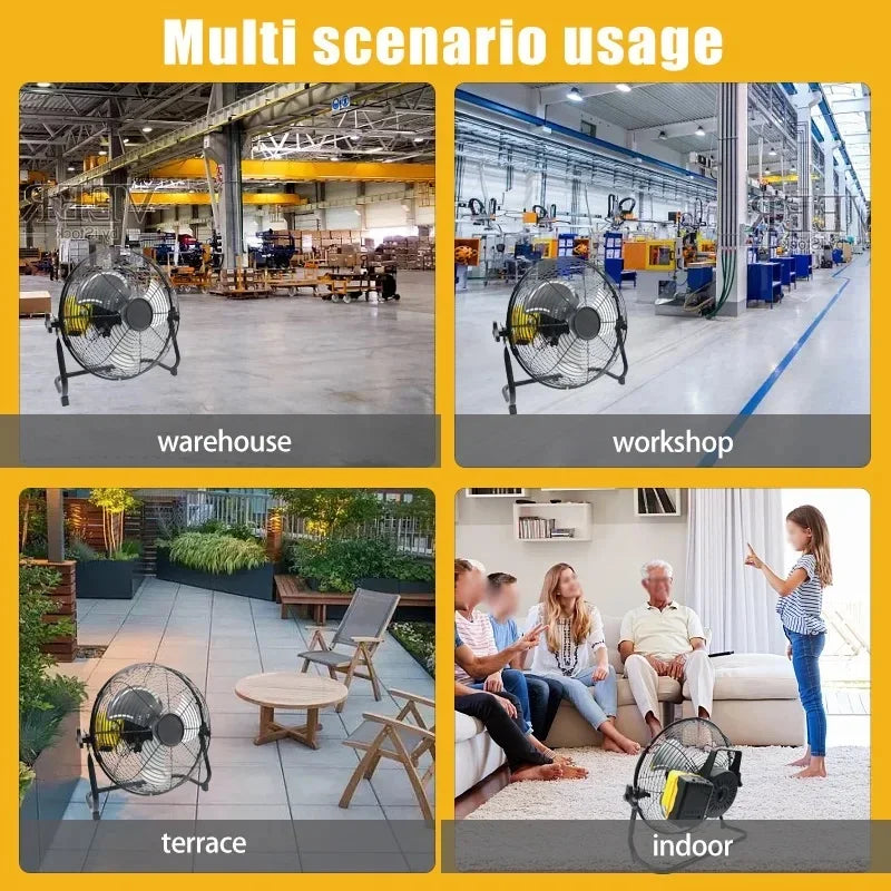 Collage of a large industrial fan in various settings including warehouse, workshop, terrace, and indoor.