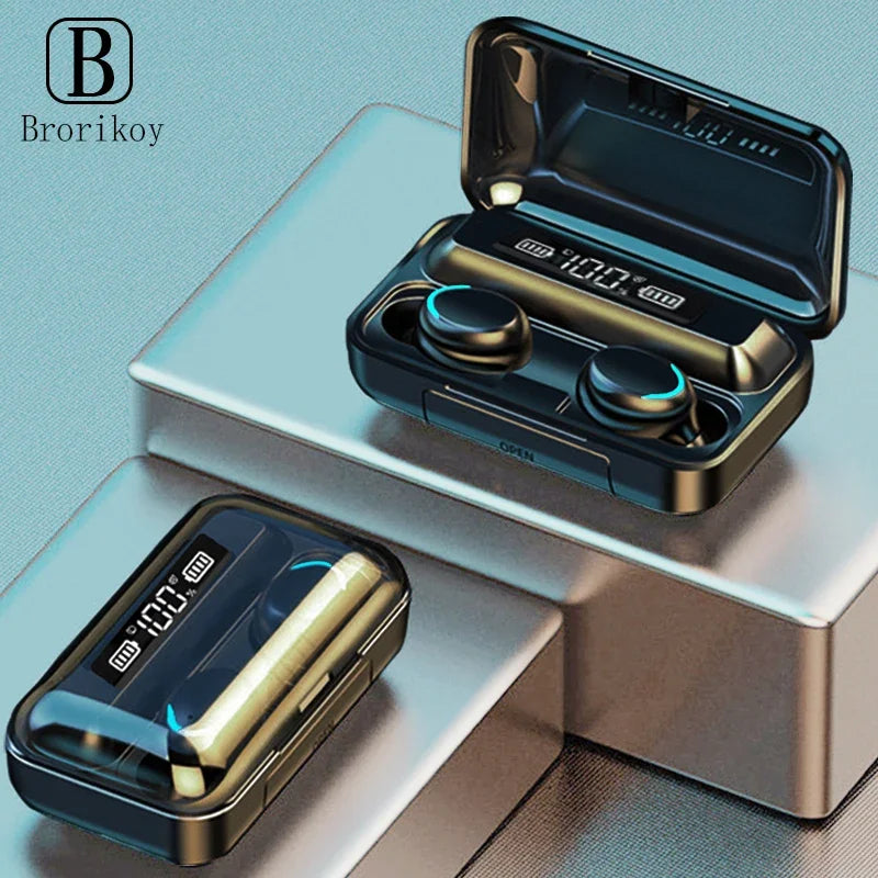 Wireless earbuds with charging case on a reflective surface, featuring the brand 'Brorikoy'.