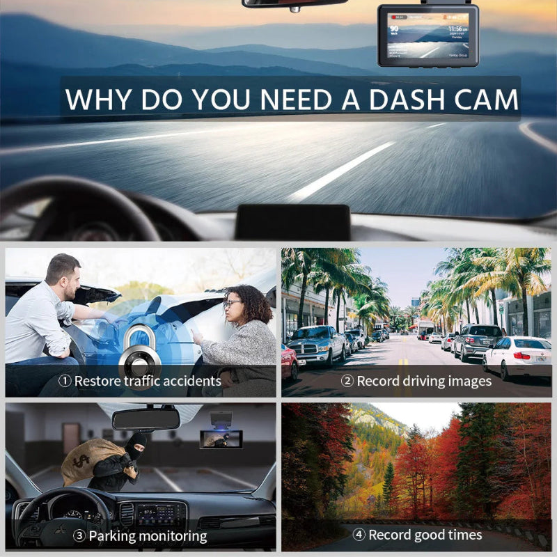 Dash cam advertisement with benefits displayed on a road background