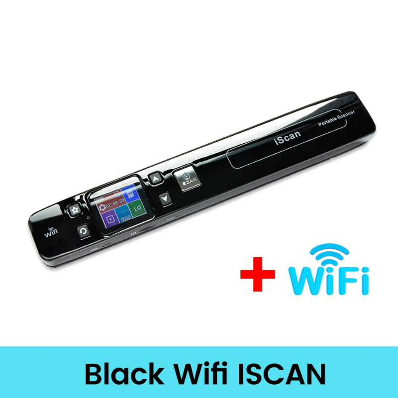 Black handheld scanner with WiFi connectivity on a white background