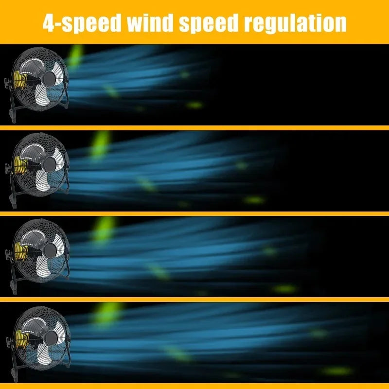 Fan with 4-speed wind speed regulation on a black background with blue and green airflow graphics.